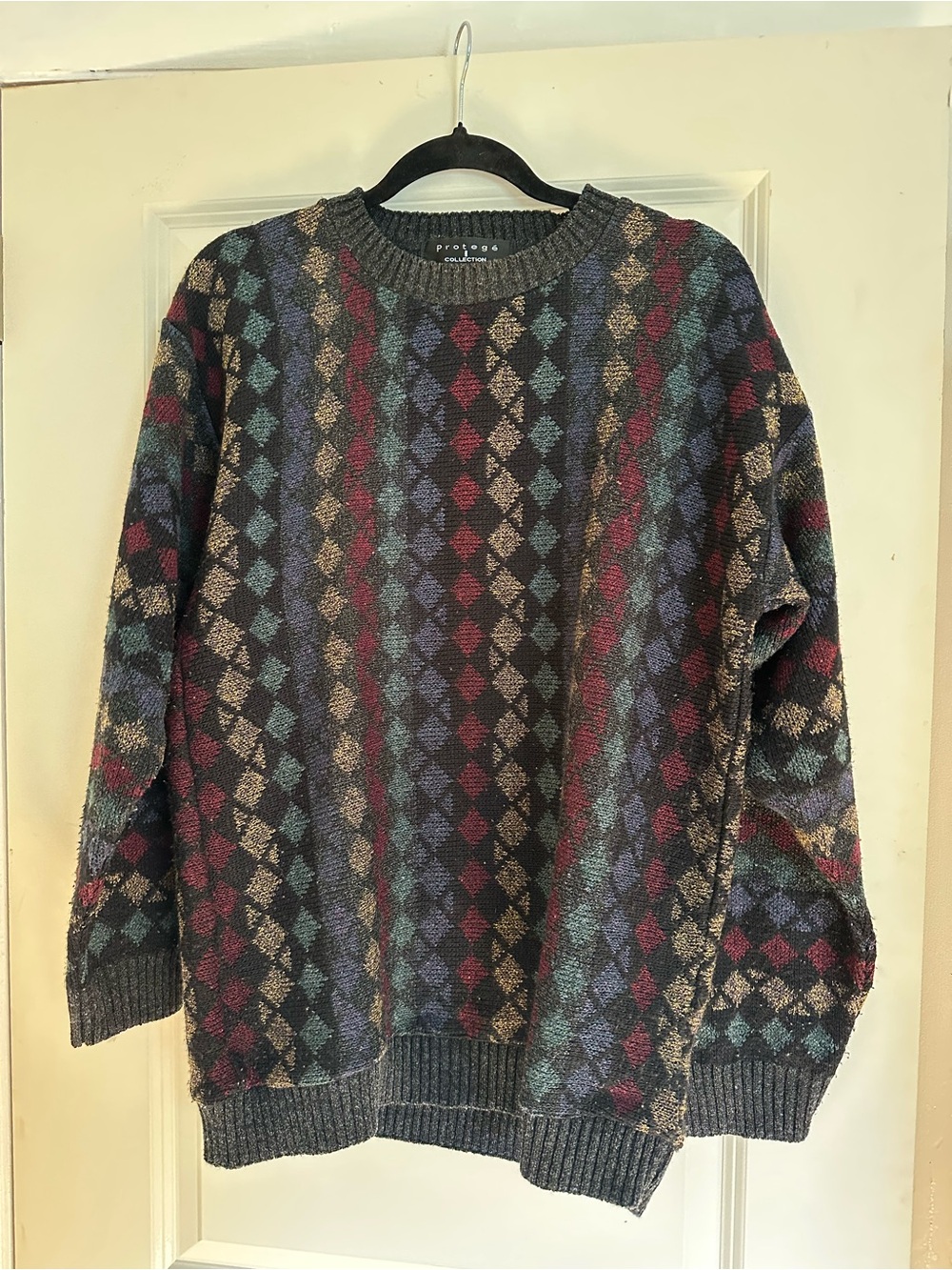 Crewneck Argyle Knit Sweater - Gray Multi